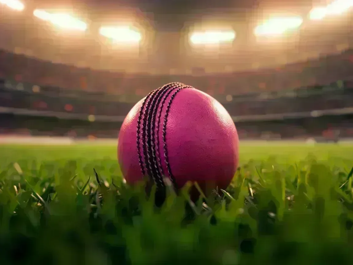 Pink T20 cricket ball under stadium floodlights