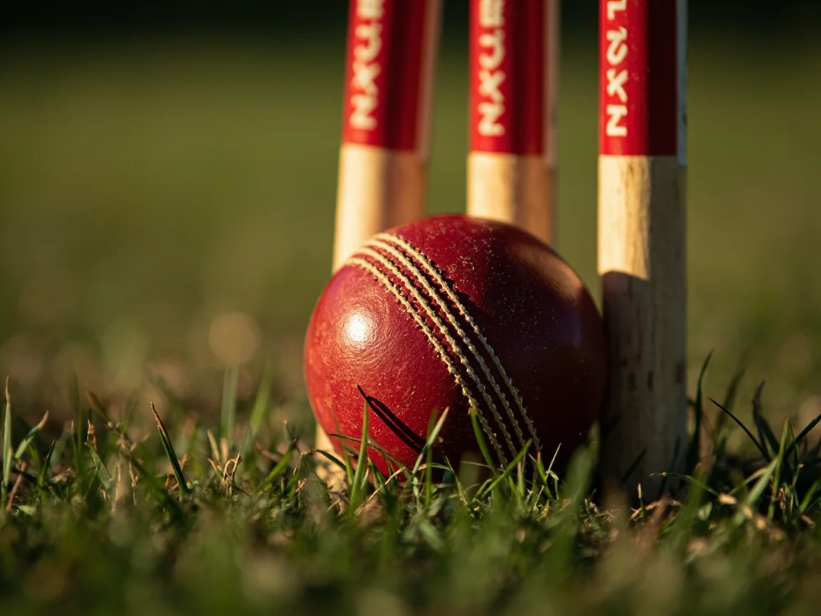 Red cricket ball resting on green pitch with stumps in background