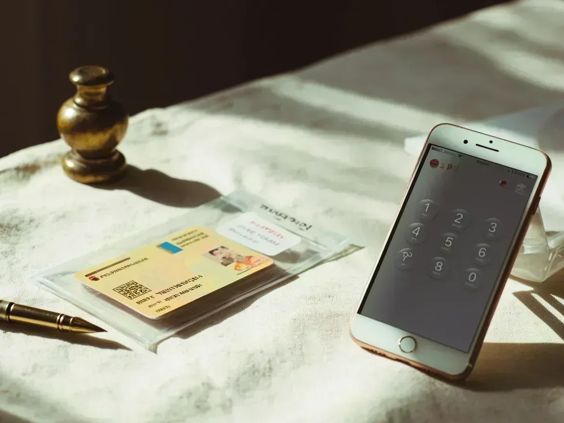PAN card beside a smartphone with OTP entry screen and calculator on a linen surface